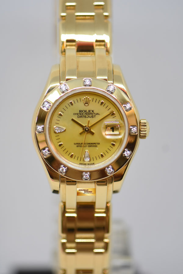 ROLEX OYSTER PERPETUAL PEARLMASTER LADIES 29mm 18K YELLOW GOLD DIAMOND MOP DIAL 80318 (MINT)