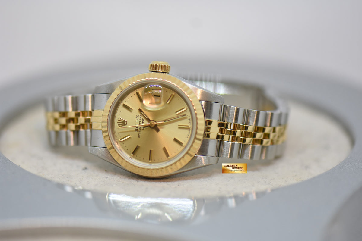 [SOLD] ROLEX OYSTER DATEJUST 26mm HALF-GOLD IN JUBILEE BRACELET GOLD DIAL 69173 (MINT)