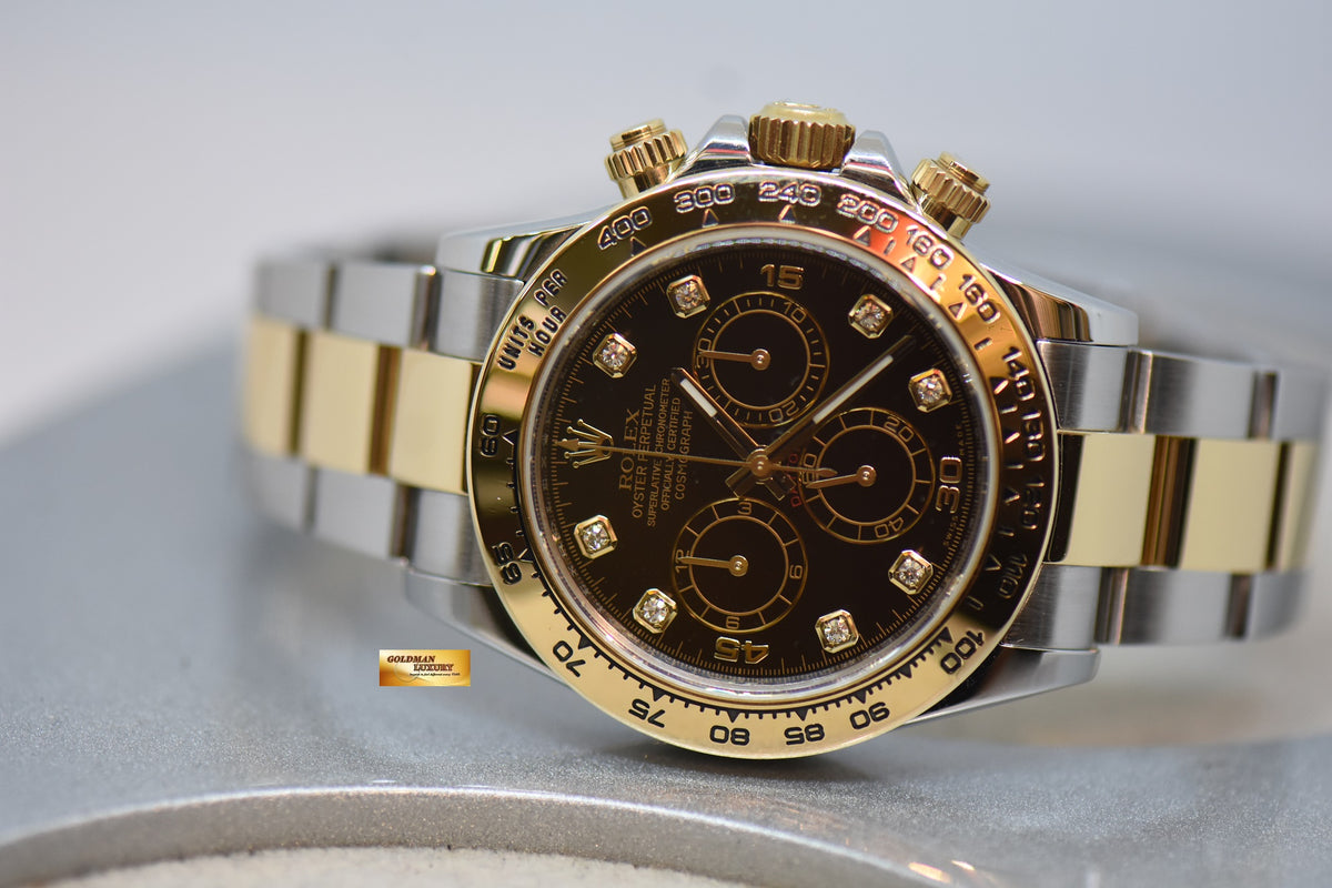 [SOLD] ROLEX OYSTER PERPETUAL DAYTONA GOLD / STEEL IN BRACELET DIAMOND DIAL BLACK 116503 (LNIB)