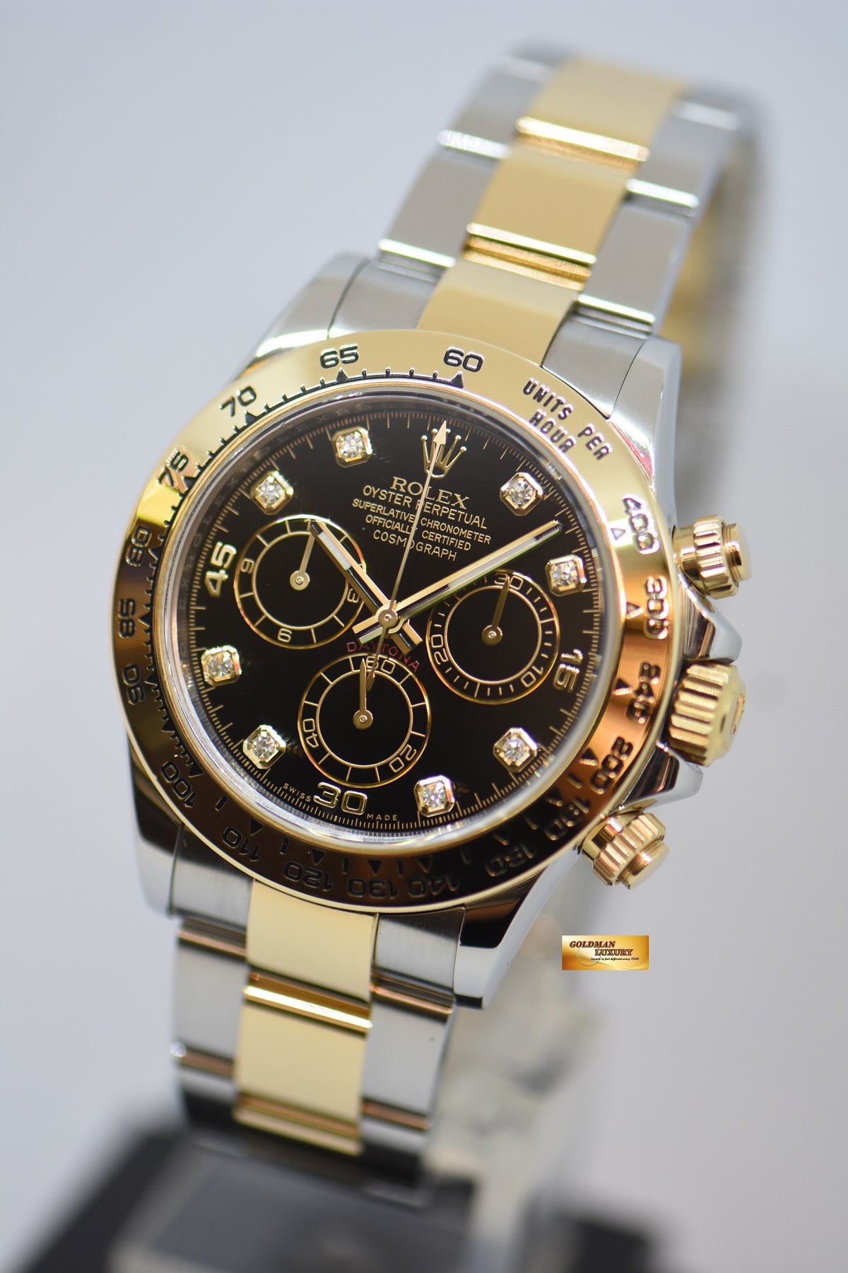 [SOLD] ROLEX OYSTER PERPETUAL DAYTONA GOLD / STEEL IN BRACELET DIAMOND DIAL BLACK 116503 (LNIB)