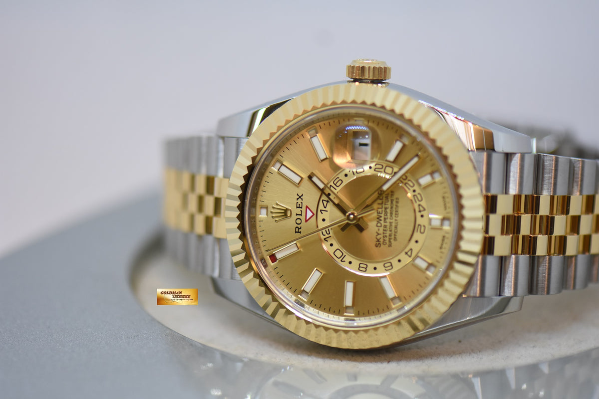 [SOLD] ROLEX OYSTER PERPETUAL SKY-DWELLER 42mm ANNUAL CALENDAR GMT GOLD / STEEL JUBILEE BRACELET GOLD DIAL 326933 (NEW-UNWORN)
