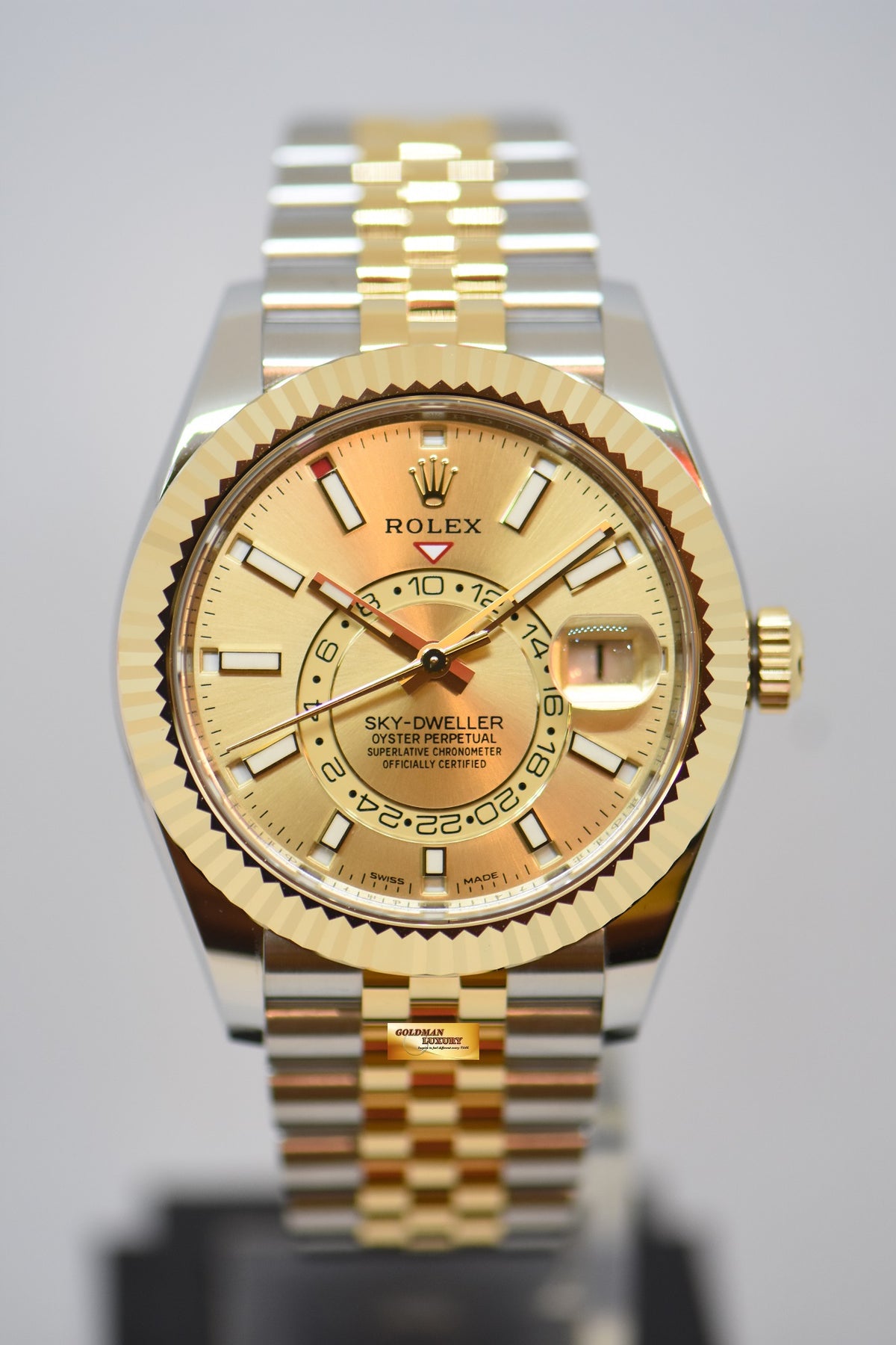 [SOLD] ROLEX OYSTER PERPETUAL SKY-DWELLER 42mm ANNUAL CALENDAR GMT GOLD / STEEL JUBILEE BRACELET GOLD DIAL 326933 (NEW-UNWORN)
