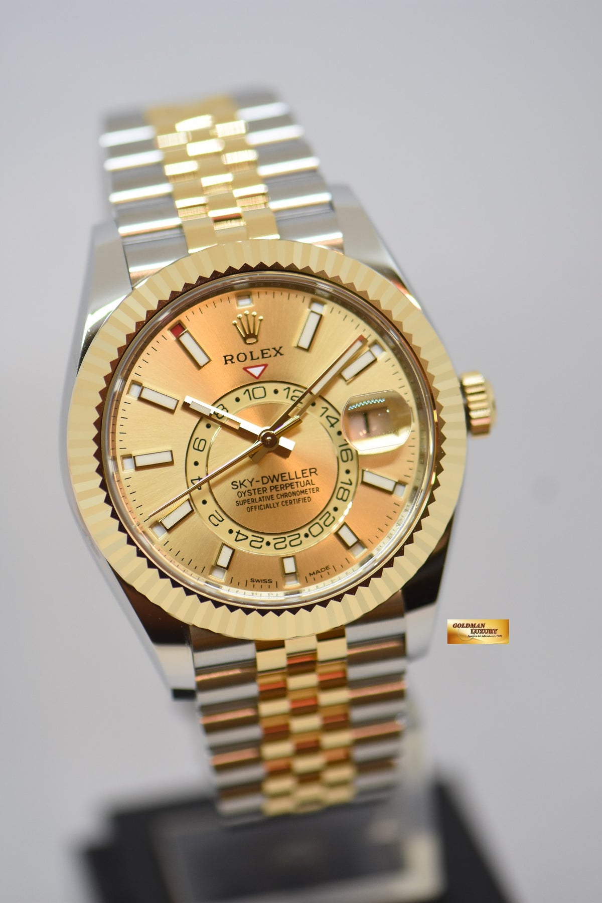 [SOLD] ROLEX OYSTER PERPETUAL SKY-DWELLER 42mm ANNUAL CALENDAR GMT GOLD / STEEL JUBILEE BRACELET GOLD DIAL 326933 (NEW-UNWORN)