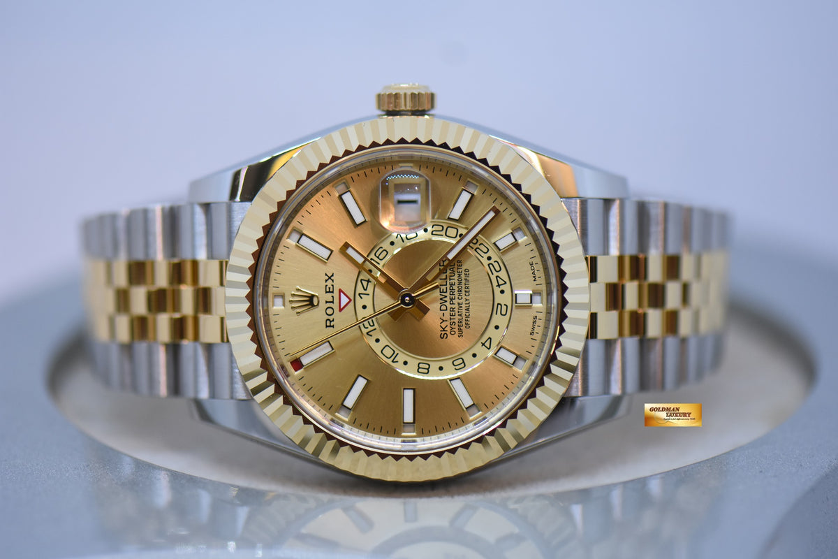 [SOLD] ROLEX OYSTER PERPETUAL SKY-DWELLER 42mm ANNUAL CALENDAR GMT GOLD / STEEL JUBILEE BRACELET GOLD DIAL 326933 (NEW-UNWORN)