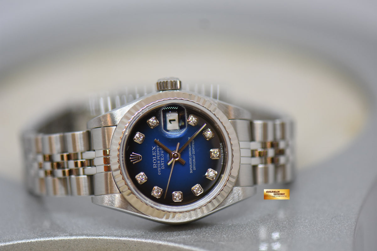[SOLD] ROLEX OYSTER DATEJUST 26mm STEEL IN JUBILEE BRACELET BLUE / BLACK HUE DIAMOND DIAL 79174 (MINT)