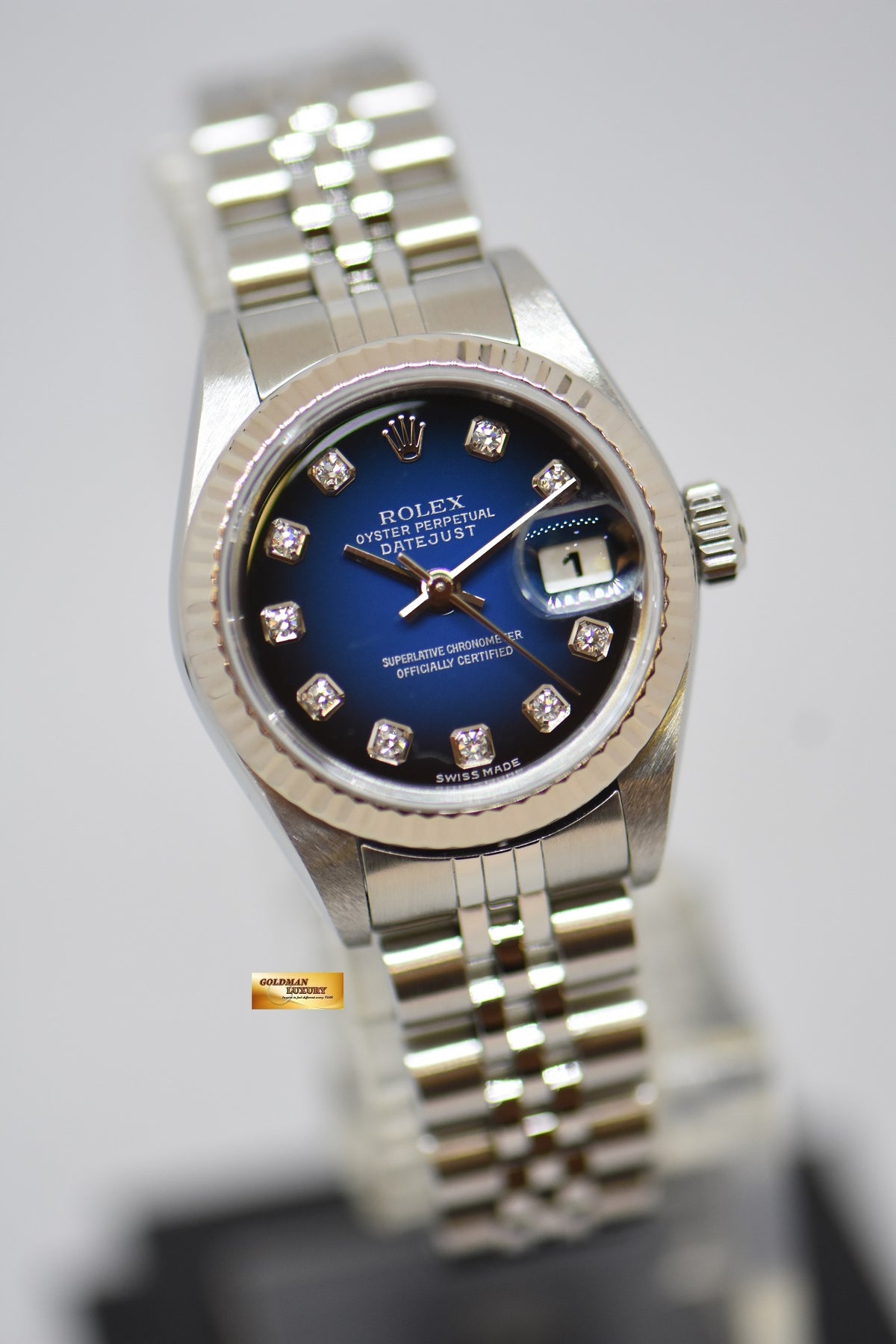 [SOLD] ROLEX OYSTER DATEJUST 26mm STEEL IN JUBILEE BRACELET BLUE / BLACK HUE DIAMOND DIAL 79174 (MINT)