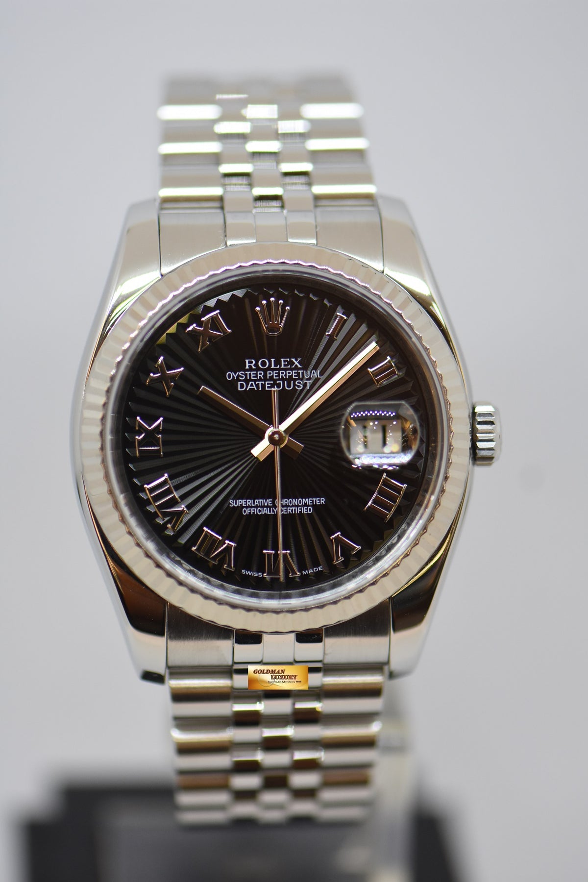 [SOLD] ROLEX OYSTER PERPETUAL DATEJUST 36mm STEEL IN JUBILEE BRACELET BLACK SUNRAY DIAL ROMAN NUMERALS 116234 (MINT)