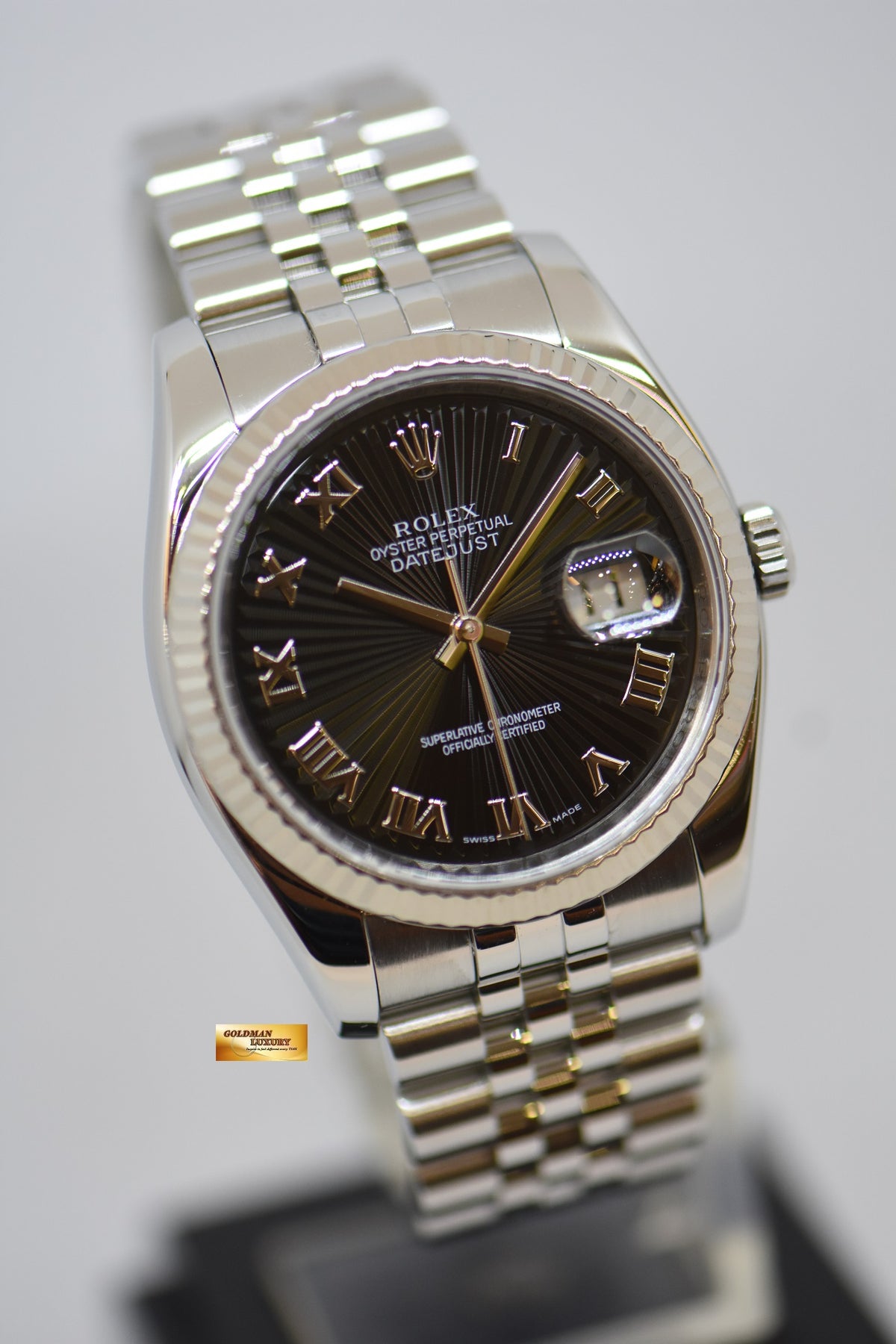 [SOLD] ROLEX OYSTER PERPETUAL DATEJUST 36mm STEEL IN JUBILEE BRACELET BLACK SUNRAY DIAL ROMAN NUMERALS 116234 (MINT)