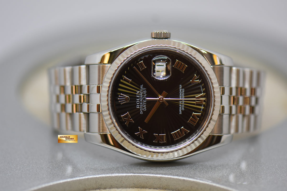 [SOLD] ROLEX OYSTER PERPETUAL DATEJUST 36mm STEEL IN JUBILEE BRACELET BLACK SUNRAY DIAL ROMAN NUMERALS 116234 (MINT)