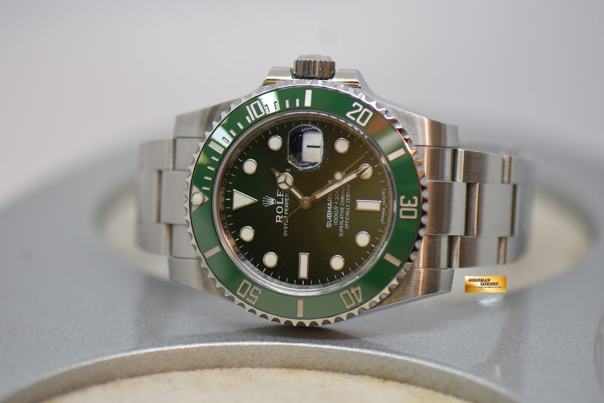 [SOLD] ROLEX OYSTER SUBMARINER 40mm “GREEN HULK” STEEL IN OYSTER BRACELET GREEN DIAL CERAMIC BEZEL 116610LV (MINT)