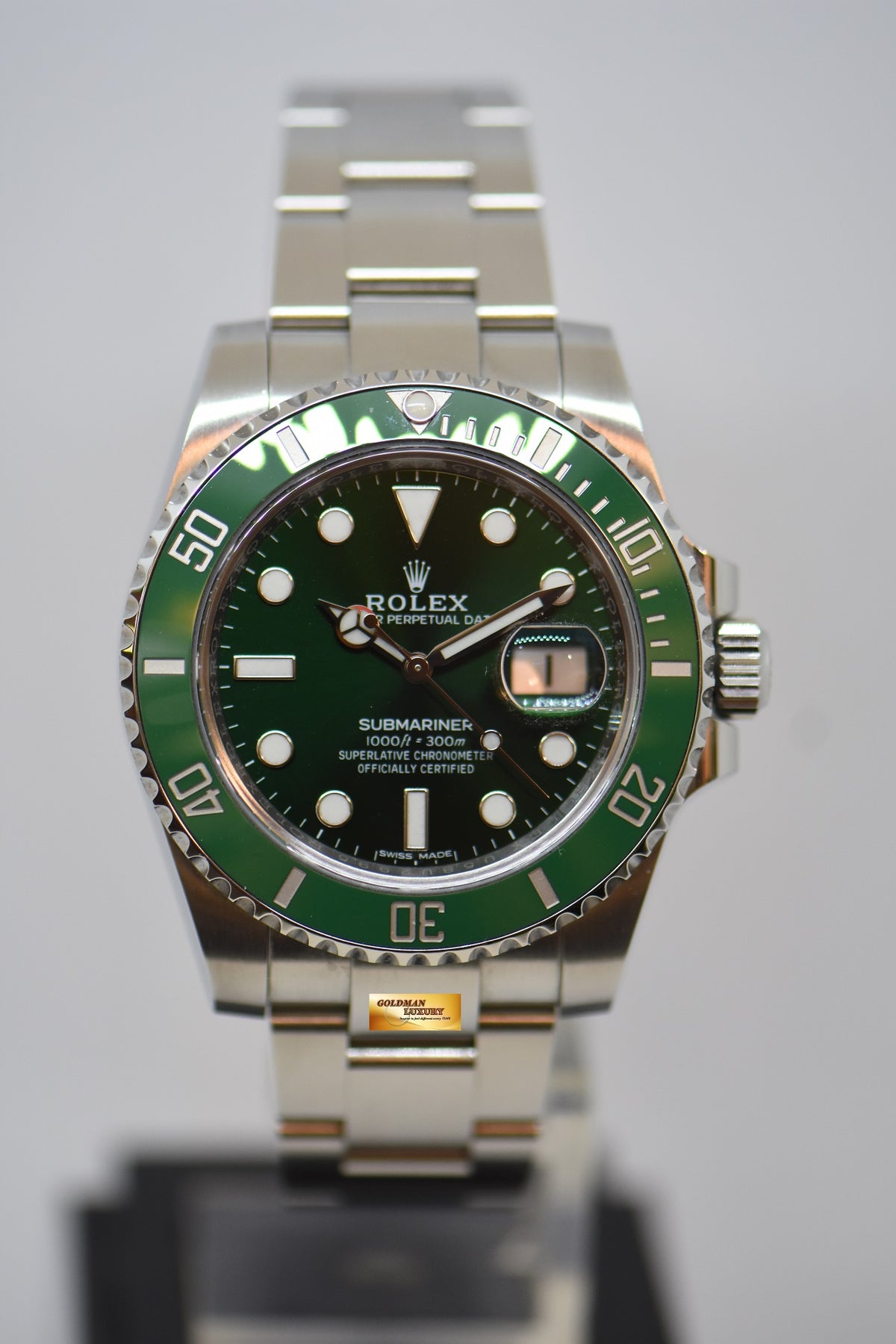 [SOLD] ROLEX OYSTER SUBMARINER 40mm “GREEN HULK” STEEL IN OYSTER BRACELET GREEN DIAL CERAMIC BEZEL 116610LV (MINT)