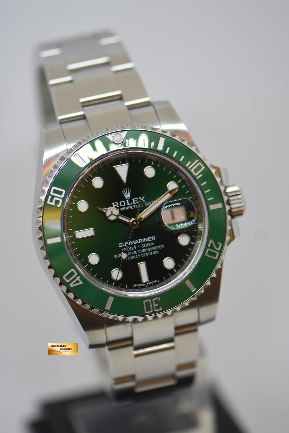 [SOLD] ROLEX OYSTER SUBMARINER 40mm “GREEN HULK” STEEL IN OYSTER BRACELET GREEN DIAL CERAMIC BEZEL 116610LV (MINT)