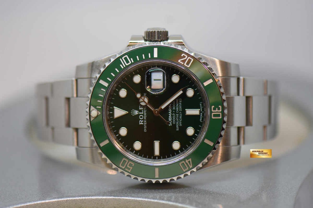 [SOLD] ROLEX OYSTER SUBMARINER 40mm “GREEN HULK” STEEL IN OYSTER BRACELET GREEN DIAL CERAMIC BEZEL 116610LV (MINT)