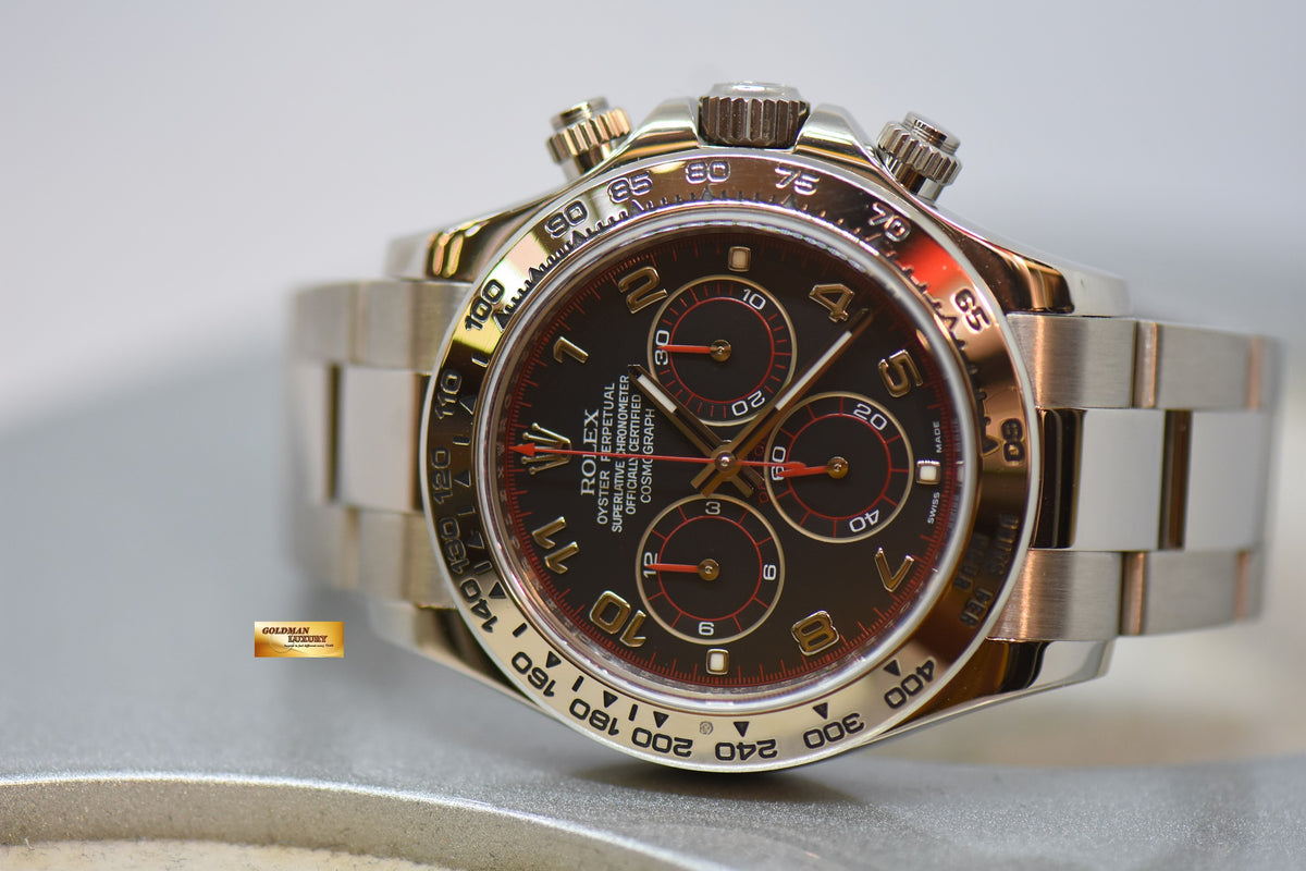 [SOLD] ROLEX OYSTER PERPETUAL DAYTONA CHRONOGRAPH 40mm WHITE GOLD IN OYSTER BRACELET BLACK RED “SPYDER” DIAL 116509 (REHAUT ENGRAVINGS) (LONG CLASP) (MINT)