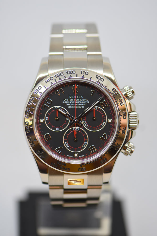 [SOLD] ROLEX OYSTER PERPETUAL DAYTONA CHRONOGRAPH 40mm WHITE GOLD IN OYSTER BRACELET BLACK RED “SPYDER” DIAL 116509 (REHAUT ENGRAVINGS) (LONG CLASP) (MINT)