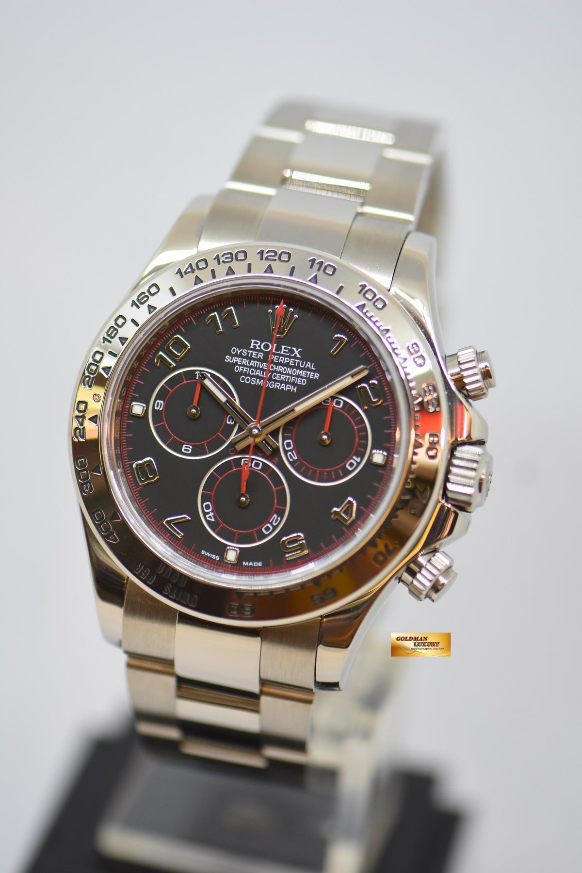 [SOLD] ROLEX OYSTER PERPETUAL DAYTONA CHRONOGRAPH 40mm WHITE GOLD IN OYSTER BRACELET BLACK RED “SPYDER” DIAL 116509 (REHAUT ENGRAVINGS) (LONG CLASP) (MINT)