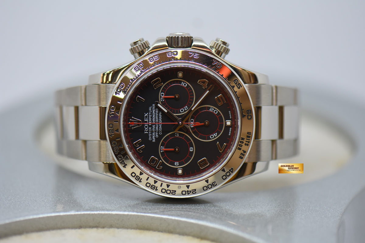 [SOLD] ROLEX OYSTER PERPETUAL DAYTONA CHRONOGRAPH 40mm WHITE GOLD IN OYSTER BRACELET BLACK RED “SPYDER” DIAL 116509 (REHAUT ENGRAVINGS) (LONG CLASP) (MINT)