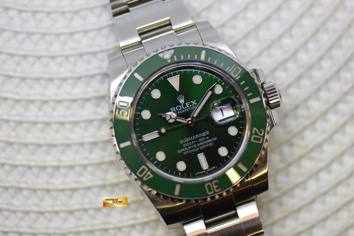 [SOLD] ROLEX OYSTER SUBMARINER 40mm “GREEN HULK” STEEL IN OYSTER BRACELET GREEN DIAL CERAMIC BEZEL 116610LV (MINT)