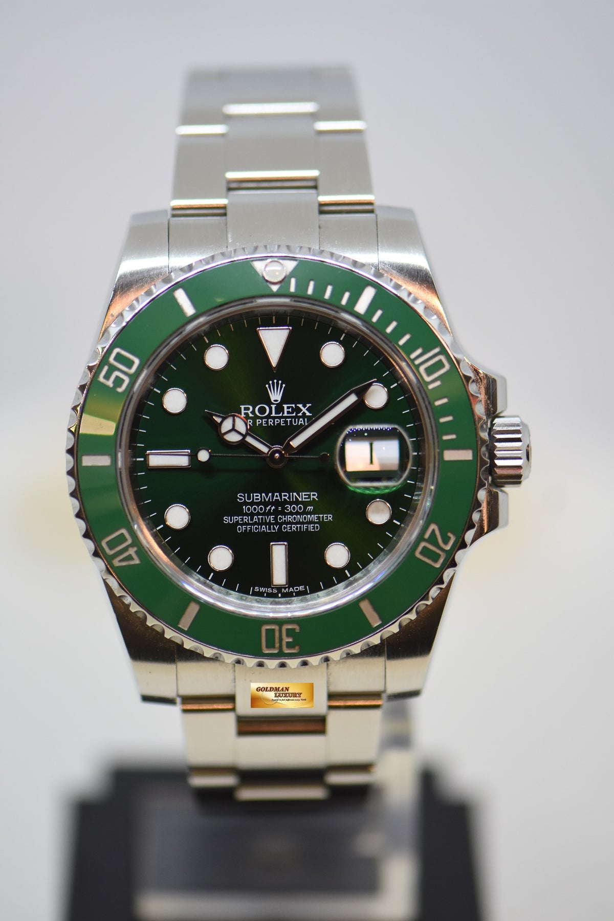 [SOLD] ROLEX OYSTER SUBMARINER 40mm “GREEN HULK” STEEL IN OYSTER BRACELET GREEN DIAL CERAMIC BEZEL 116610LV (MINT)