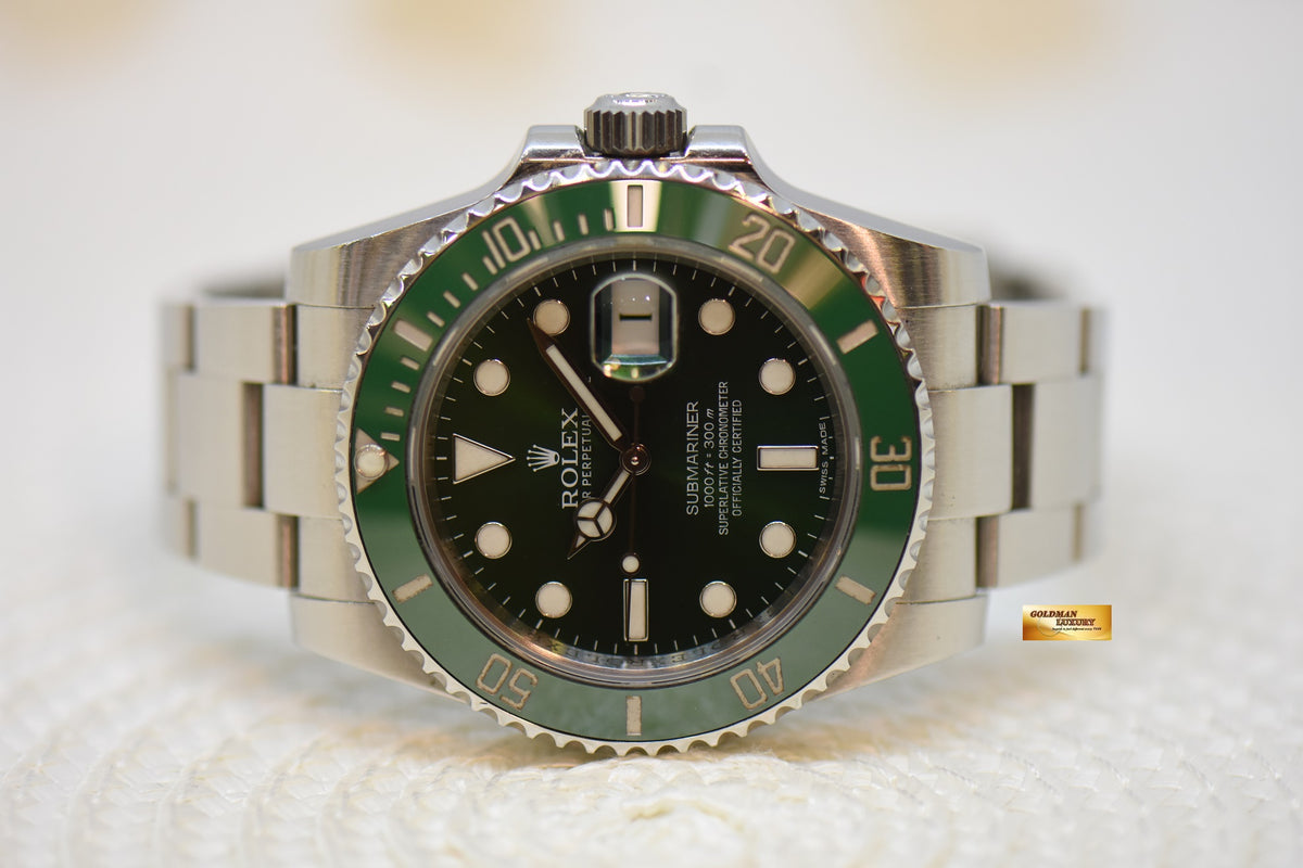 [SOLD] ROLEX OYSTER SUBMARINER 40mm “GREEN HULK” STEEL IN OYSTER BRACELET GREEN DIAL CERAMIC BEZEL 116610LV (MINT)