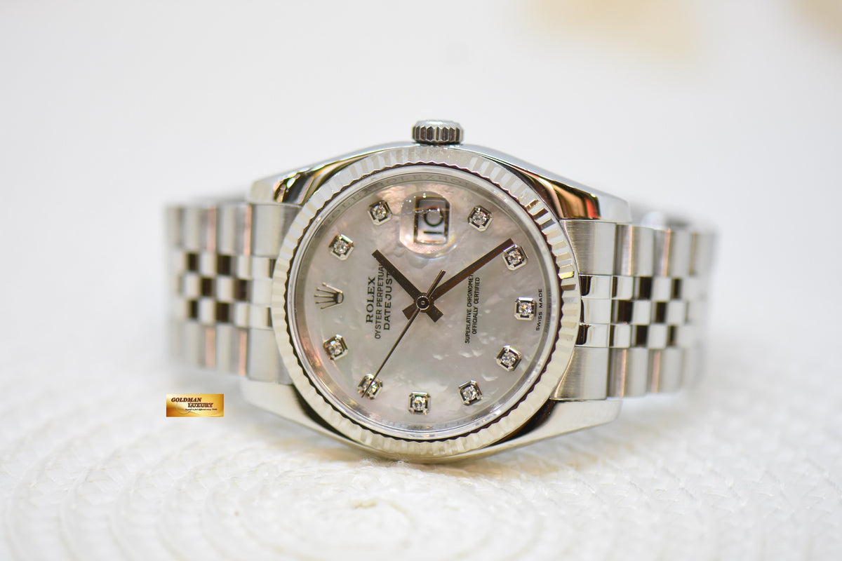 [SOLD] ROLEX OYSTER PERPETUAL DATEJUST 36mm STEEL IN JUBILEE BRACELET MOP DIAMONDS DIAL 116234 (MINT)
