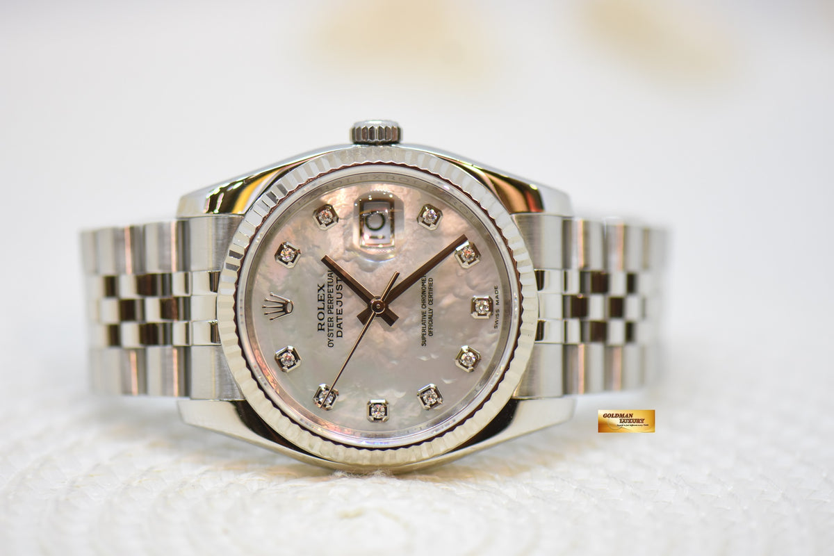 [SOLD] ROLEX OYSTER PERPETUAL DATEJUST 36mm STEEL IN JUBILEE BRACELET MOP DIAMONDS DIAL 116234 (MINT)