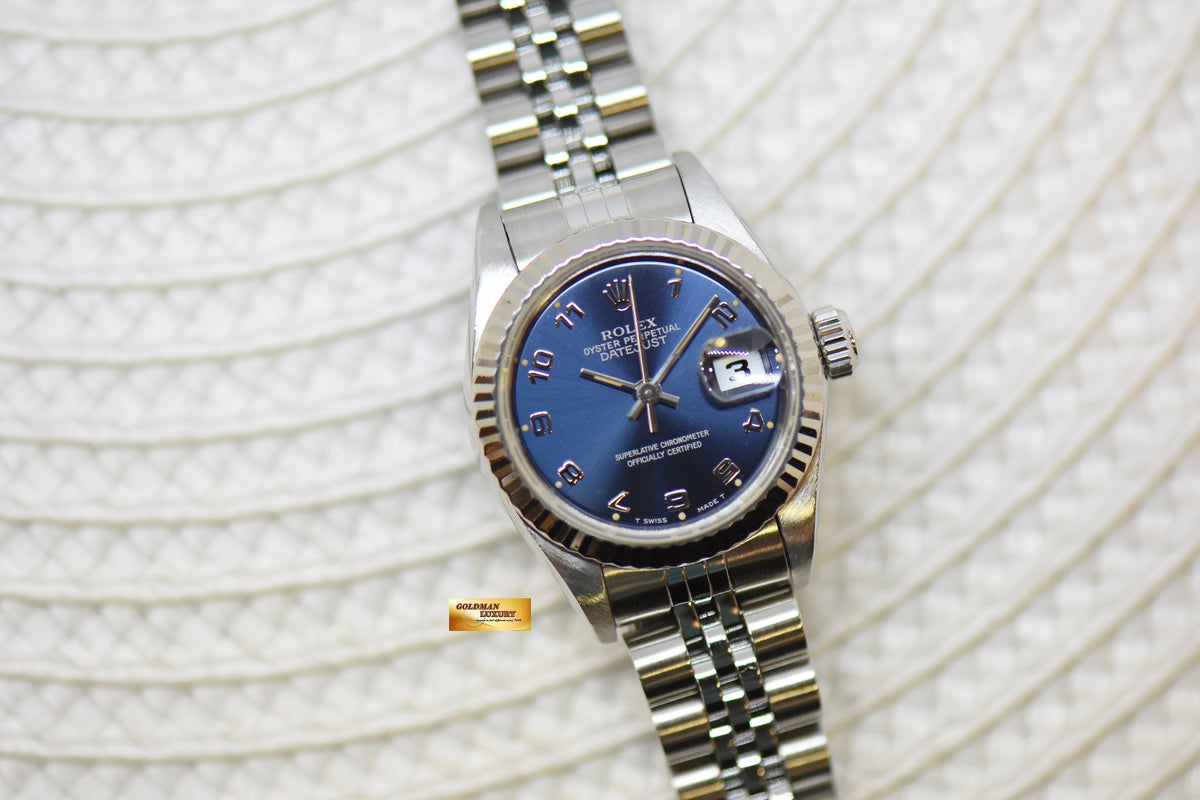 [SOLD] ROLEX OYSTER DATEJUST 26mm STEEL IN JUBILEE BRACELET BLUE ARABIC DIAL 69174 (MINT)