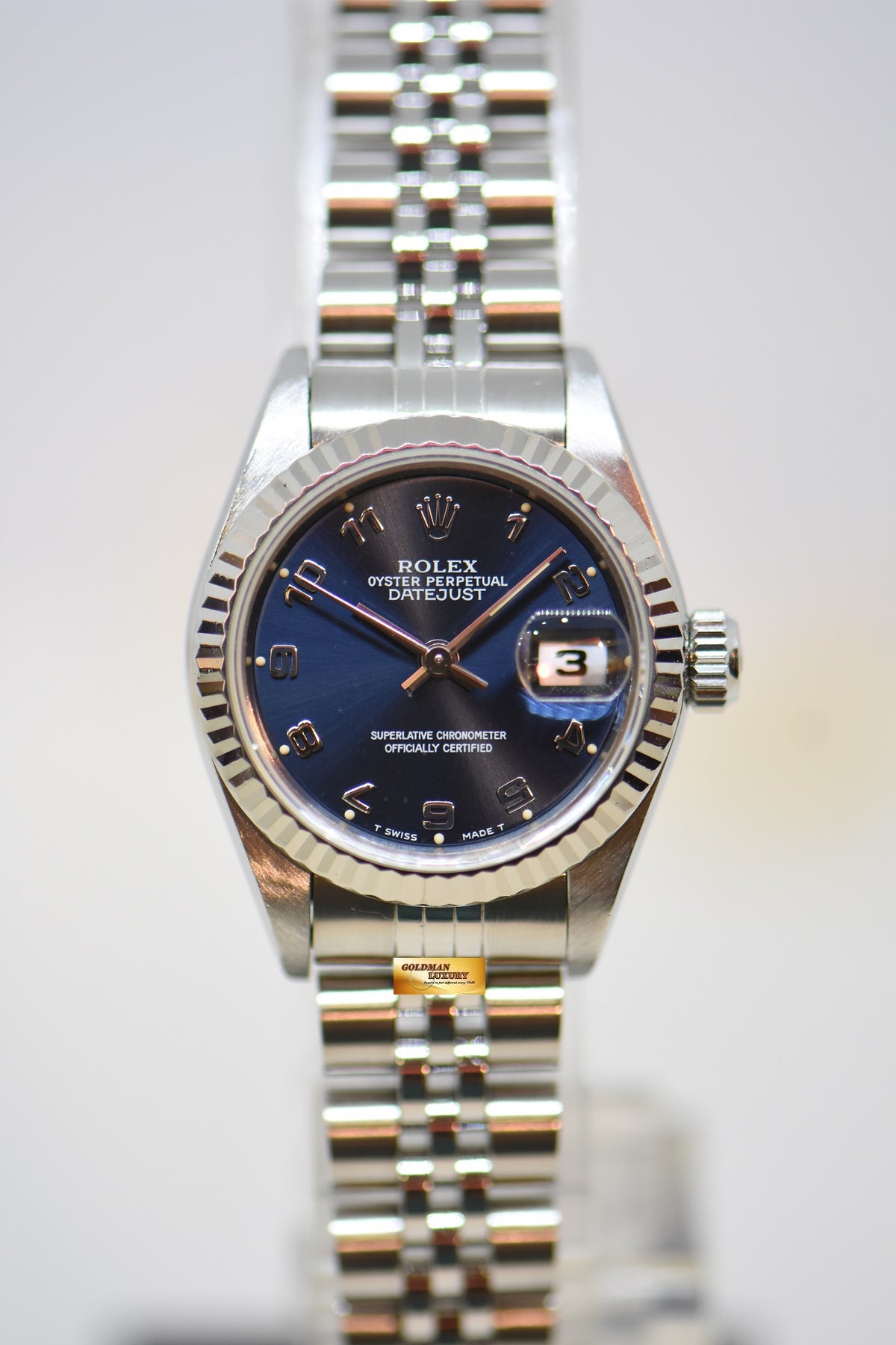 [SOLD] ROLEX OYSTER DATEJUST 26mm STEEL IN JUBILEE BRACELET BLUE ARABIC DIAL 69174 (MINT)