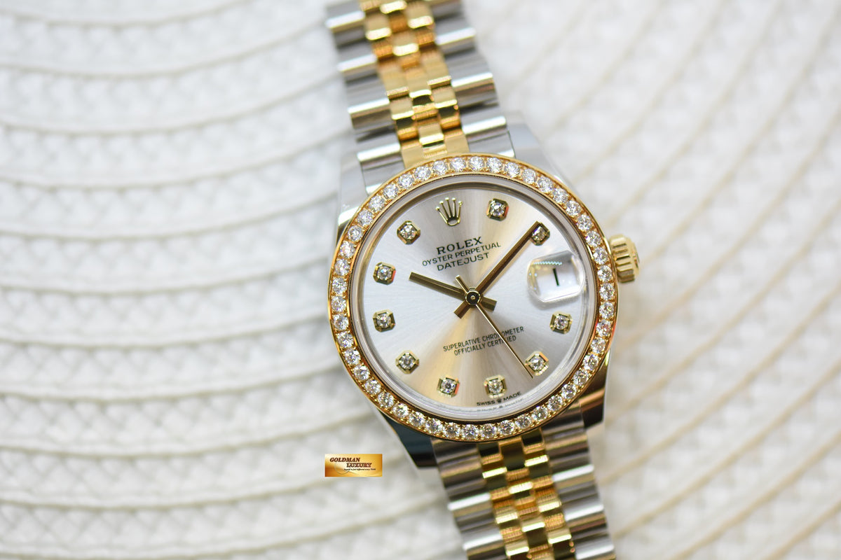 [SOLD] ROLEX OYSTER PERPETUAL DATEJUST 31mm GOLD / STEEL IN JUBILEE BRACELET SILVER DIAMOND DIAL ORIGINAL DIAMOND BEZEL 278383RBR (LNIB)