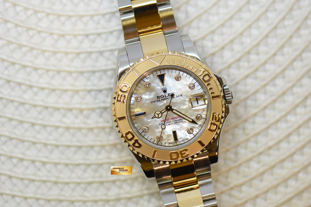 [SOLD] ROLEX OYSTER YACHT MASTER 35mm HALF GOLD IN  BRACELET MOP DIAMONDS DIAL 168623 (MINT)