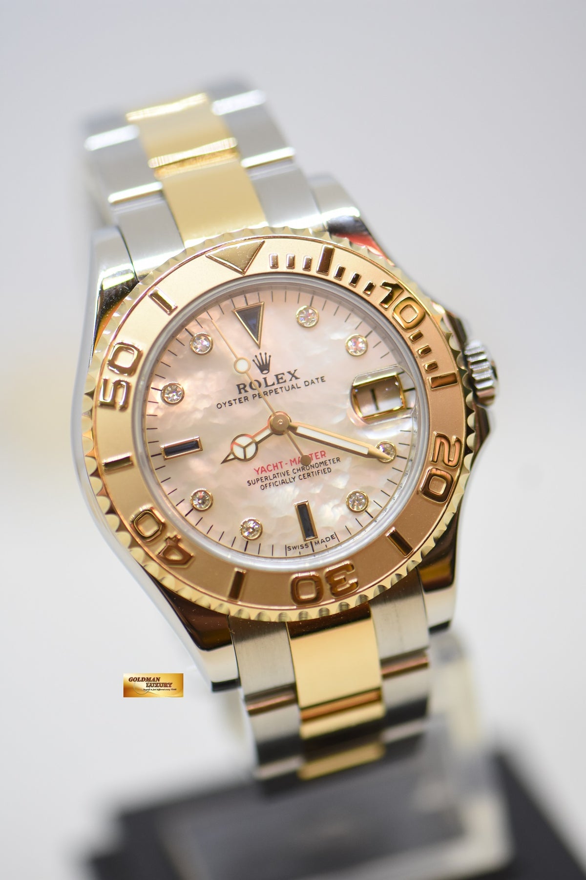 [SOLD] ROLEX OYSTER YACHT MASTER 35mm HALF GOLD IN  BRACELET MOP DIAMONDS DIAL 168623 (MINT)