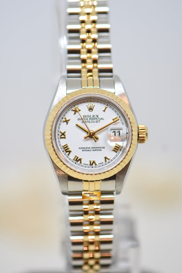 [SOLD] ROLEX OYSTER DATEJUST 26mm HALF-GOLD IN JUBILEE BRACELET WHITE ROMAN DIAL 69173 (MINT)