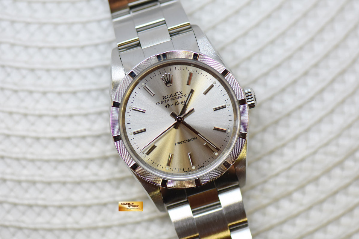 [SOLD] ROLEX OYSTER PERPETUAL AIR-KING 34mm PRECISION STEEL SILVER DIAL ENGINE TURN BEZEL 14010 (MINT)