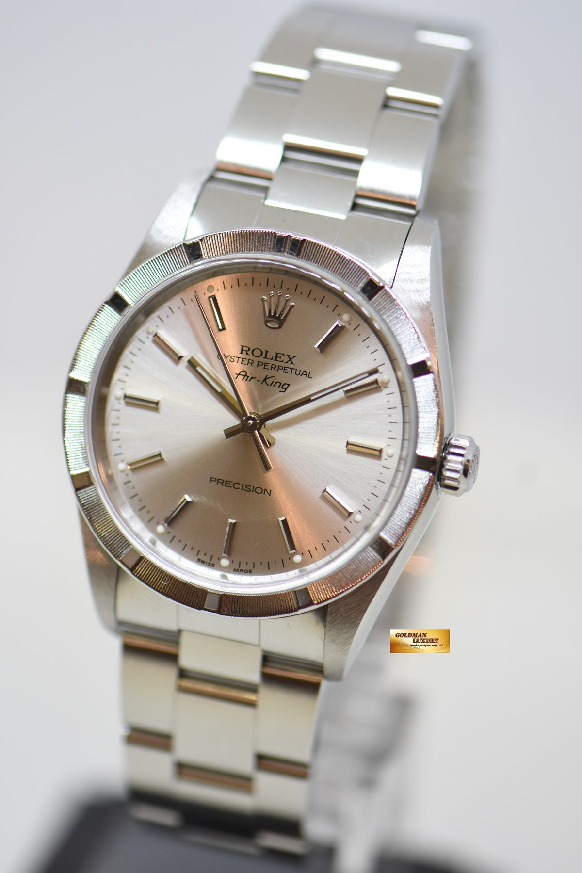 [SOLD] ROLEX OYSTER PERPETUAL AIR-KING 34mm PRECISION STEEL SILVER DIAL ENGINE TURN BEZEL 14010 (MINT)
