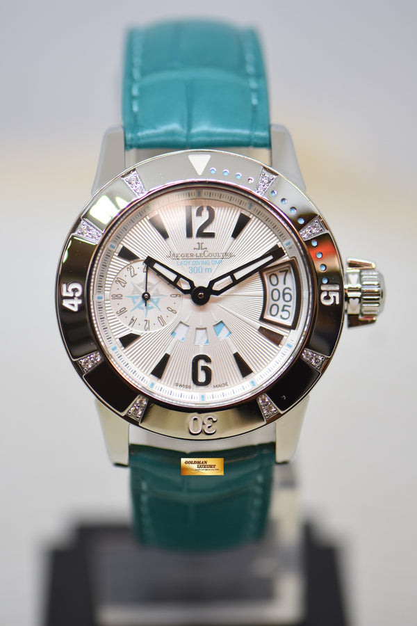[SOLD] JLC MASTER COMPRESSOR LADY DIVING GMT 38mm STEEL IN LEATHER STRAP DIAMOND BEZEL AUTOMATIC Q1898420 (MINT)