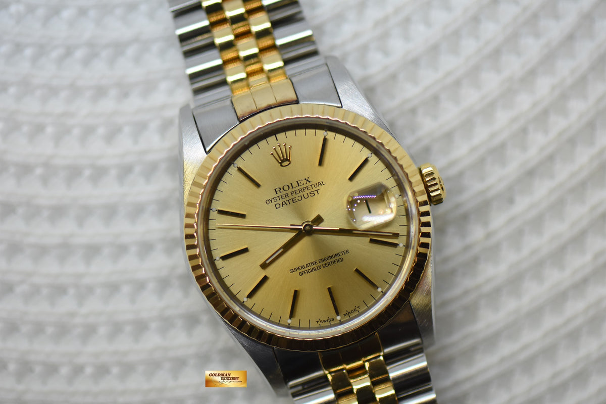 [SOLD] ROLEX OYSTER DATEJUST 36mm HALF-GOLD IN JUBILEE BRACELET GOLD DIAL 16233 (QUICKSET-DATE) (MINT)