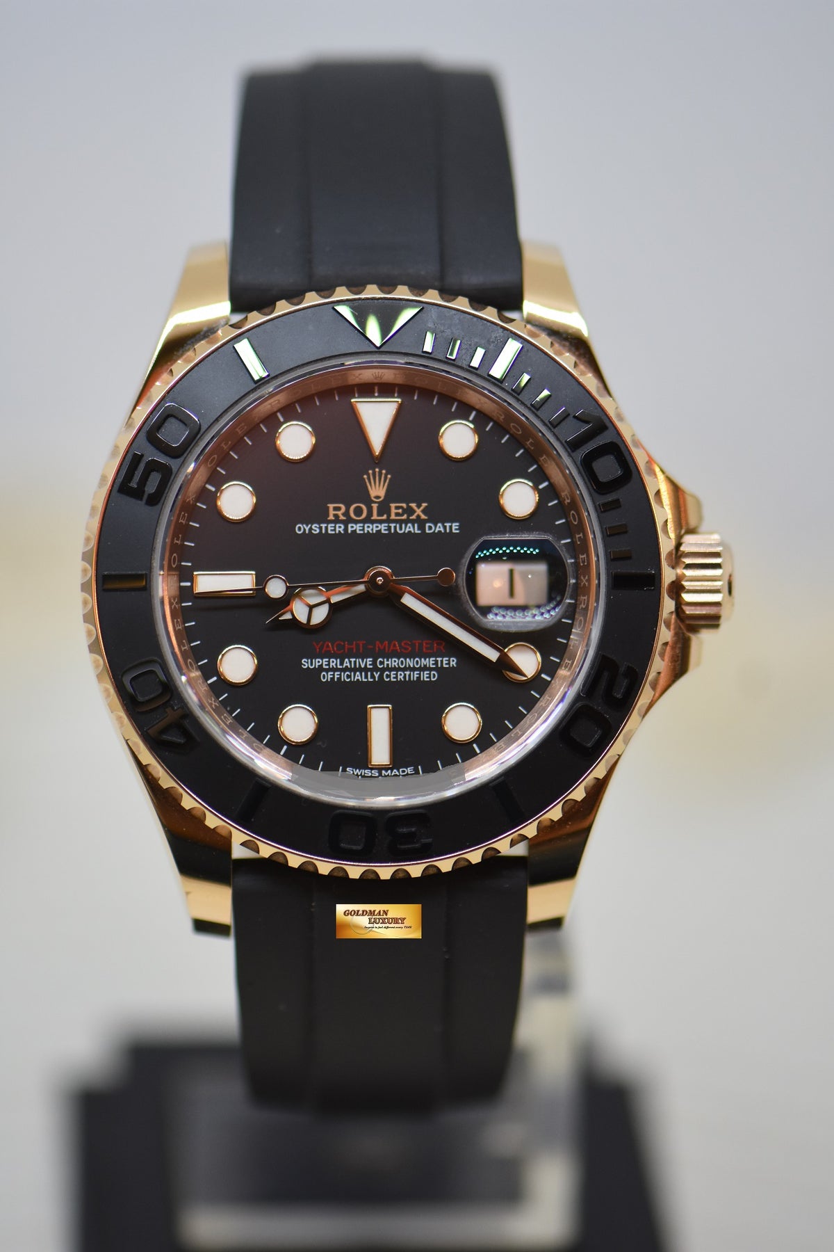 [SOLD] ROLEX OYSTER PERPETUAL YACHT-MASTER 40mm ROSE GOLD IN RUBBER STRAP 116655 (MINT) (UNPOLISHED / STICKERS ON)