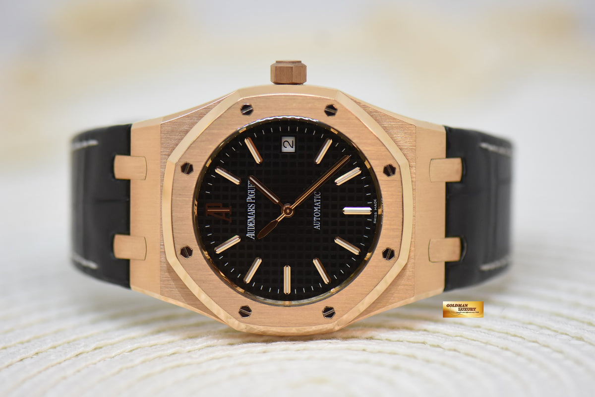 [SOLD] AUDEMARS PIGUET ROYAL OAK 39mm ROSE GOLD IN LEATHER STRAP BLACK DIAL AUTOMATIC 15300OR (MINT)