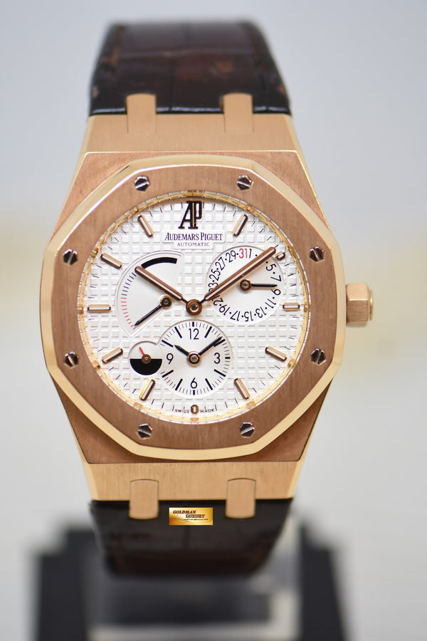 AUDEMARS PIGUET ROYAL OAK DUAL TIME POWER RESERVE 39mm ROSE GOLD IN LEATHER STRAP WHITE DIAL AUTOMATIC 26120OR (MINT)