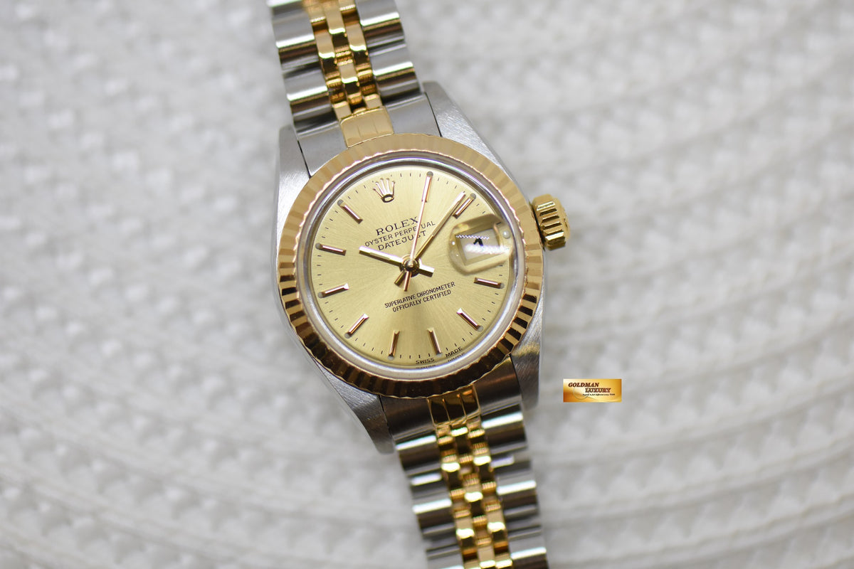 [SOLD] ROLEX OYSTER DATEJUST 26mm GOLD / STEEL IN JUBILEE BRACELET GOLD DIAL 79173 (MINT)