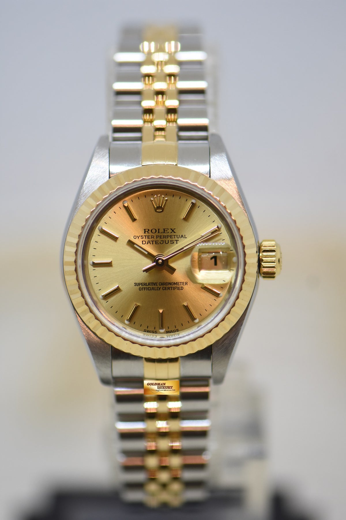 [SOLD] ROLEX OYSTER DATEJUST 26mm GOLD / STEEL IN JUBILEE BRACELET GOLD DIAL 79173 (MINT)