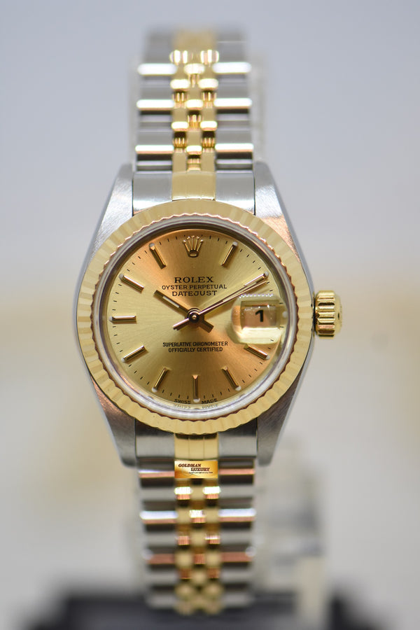 [SOLD] ROLEX OYSTER DATEJUST 26mm GOLD / STEEL IN JUBILEE BRACELET GOLD DIAL 79173 (MINT)