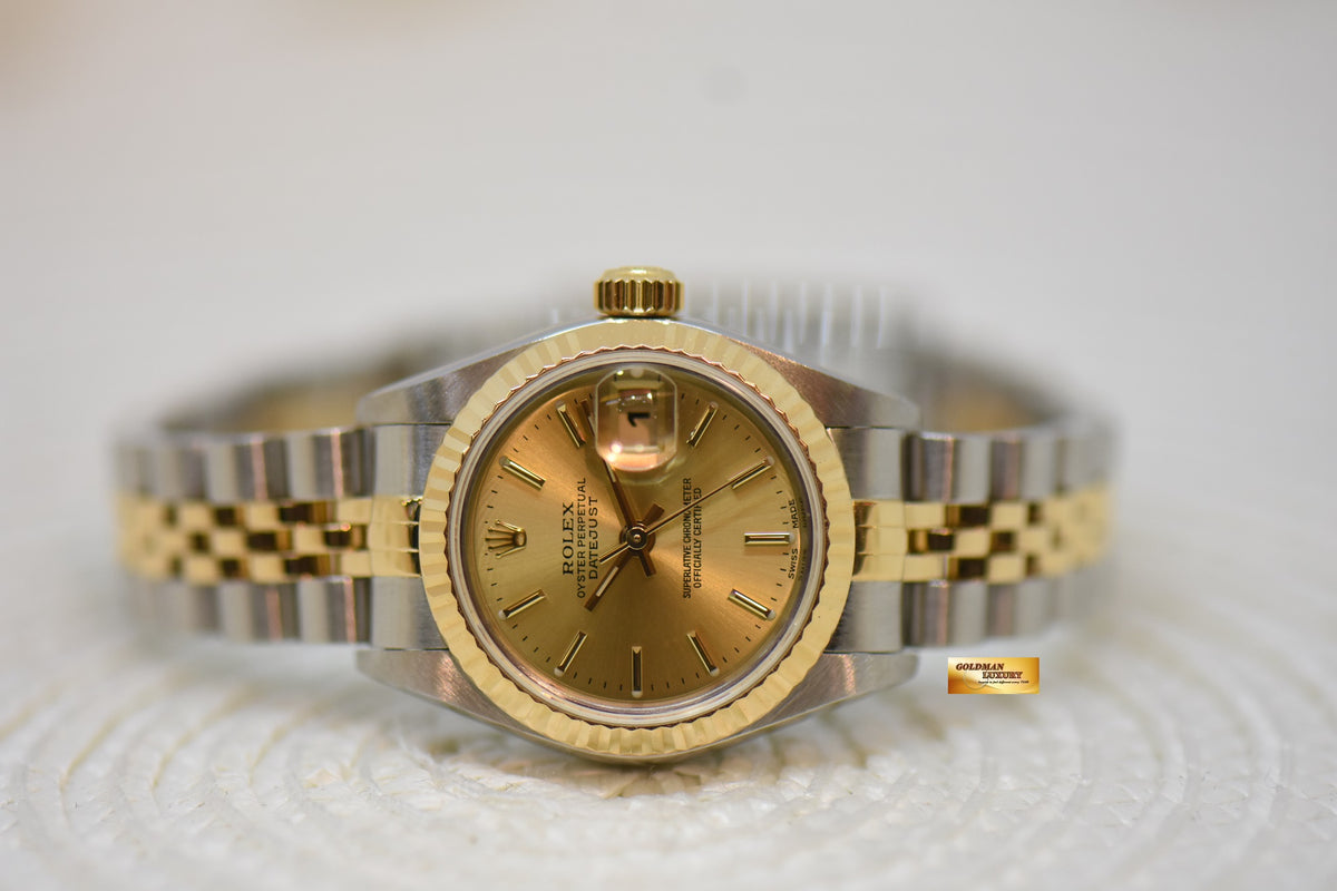 [SOLD] ROLEX OYSTER DATEJUST 26mm GOLD / STEEL IN JUBILEE BRACELET GOLD DIAL 79173 (MINT)