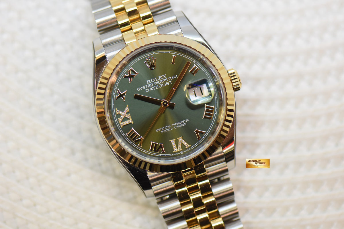 [SOLD] ROLEX OYSTER PERPETUAL 36mm HALF-GOLD JUBILEE BRACELET OLIVE GREEN ROMAN DIAL w/DIAMOND VI, IX AUTOMATIC 126233 (LNIB)