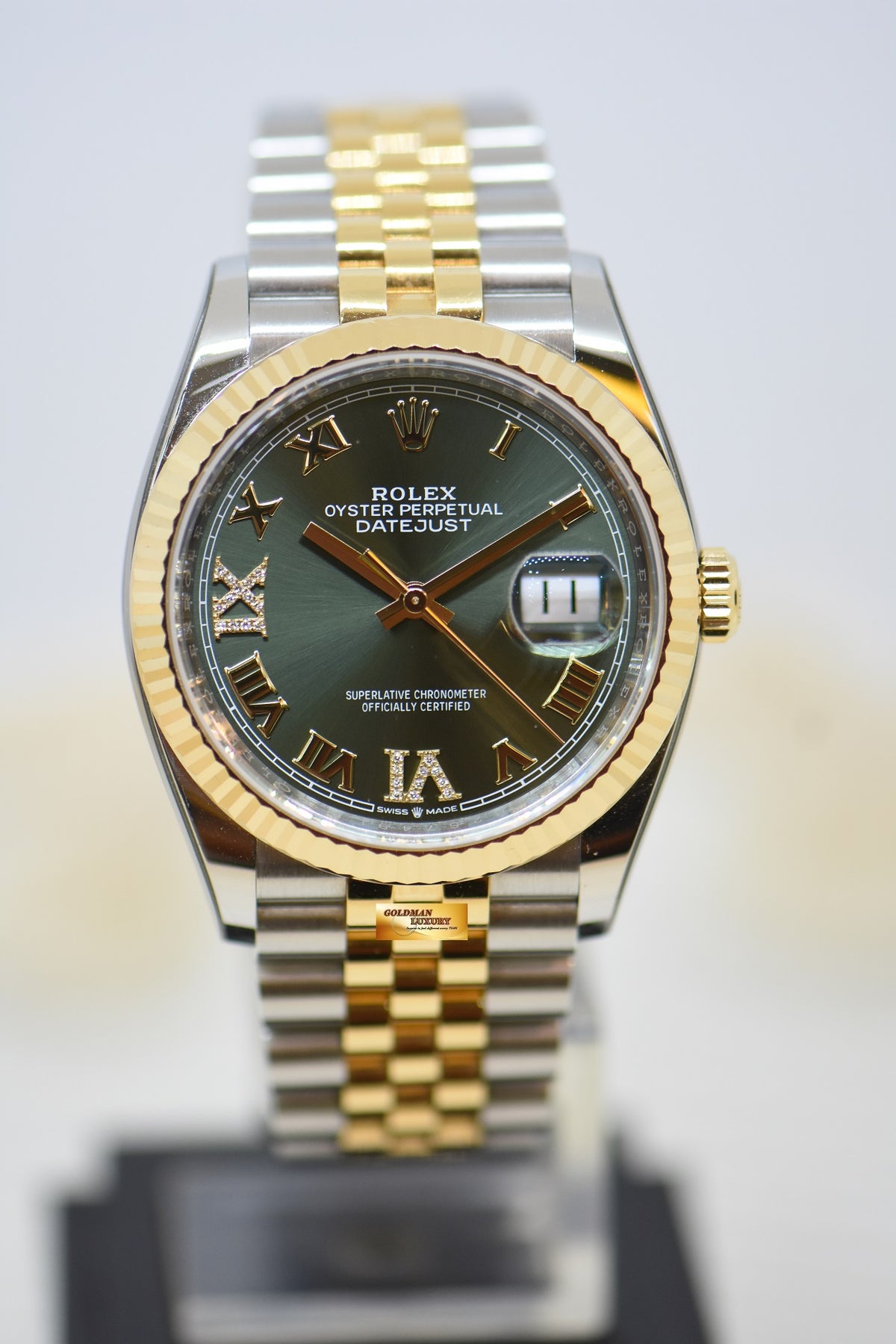 [SOLD] ROLEX OYSTER PERPETUAL 36mm HALF-GOLD JUBILEE BRACELET OLIVE GREEN ROMAN DIAL w/DIAMOND VI, IX AUTOMATIC 126233 (LNIB)