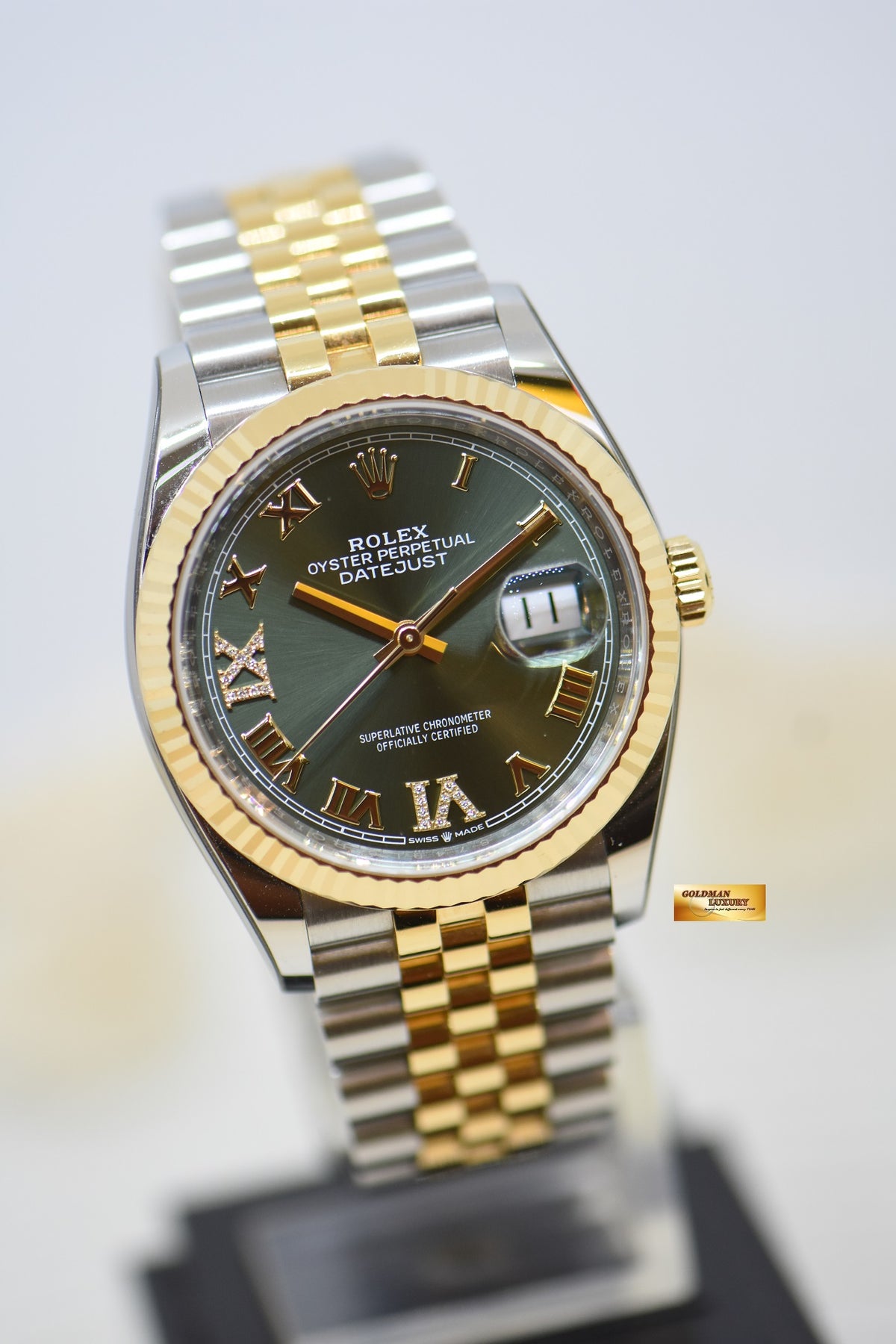 [SOLD] ROLEX OYSTER PERPETUAL 36mm HALF-GOLD JUBILEE BRACELET OLIVE GREEN ROMAN DIAL w/DIAMOND VI, IX AUTOMATIC 126233 (LNIB)