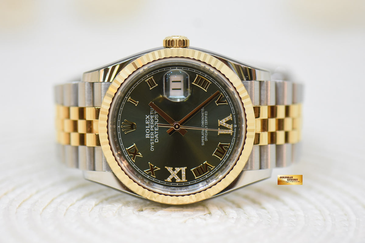 [SOLD] ROLEX OYSTER PERPETUAL 36mm HALF-GOLD JUBILEE BRACELET OLIVE GREEN ROMAN DIAL w/DIAMOND VI, IX AUTOMATIC 126233 (LNIB)