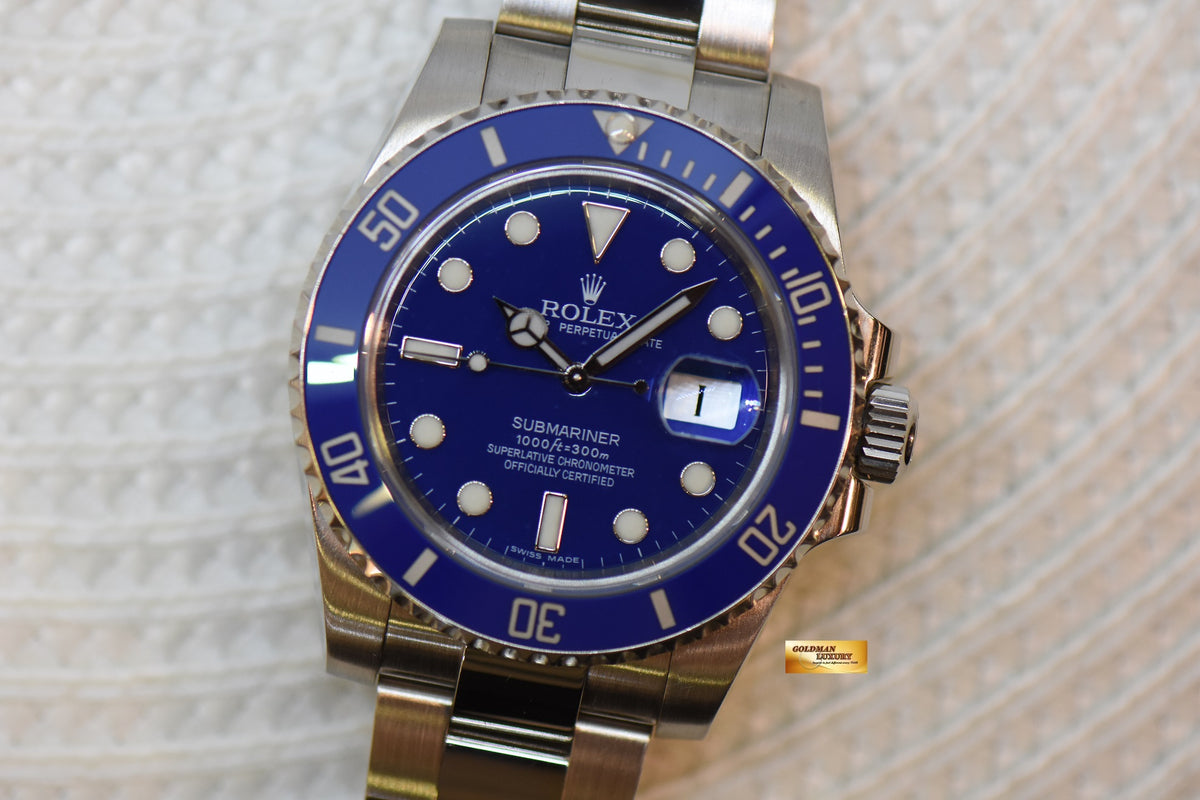 [SOLD] ROLEX OYSTER SUBMARINER 40mm WHITE GOLD IN OYSTER BRACELET BLUE DIAL BLUE CERAMIC BEZEL 116619LB (UNPOLISHED) (MINT)