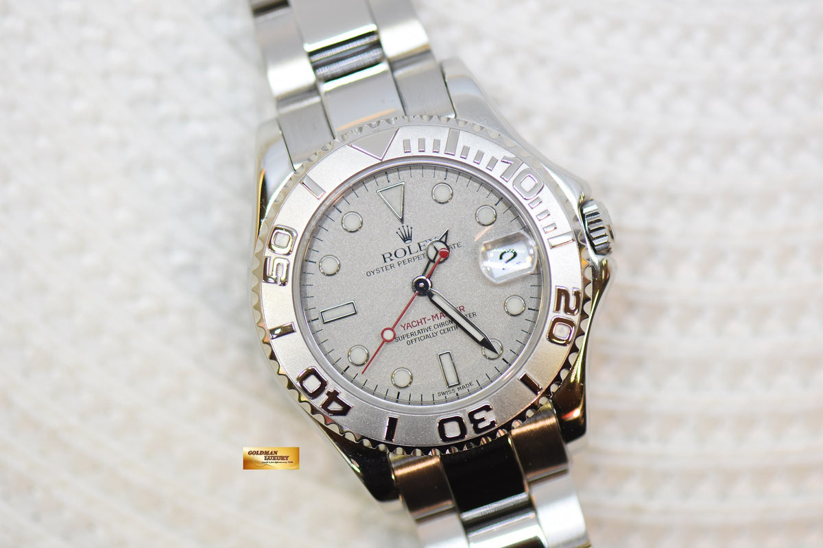 [SOLD] ROLEX OYSTER PERPETUAL YACHT-MASTER 35mm LADIES MIDSIZE STEEL IN BRACELET PLATINUM DIAL / BEZEL 168622 (MINT)
