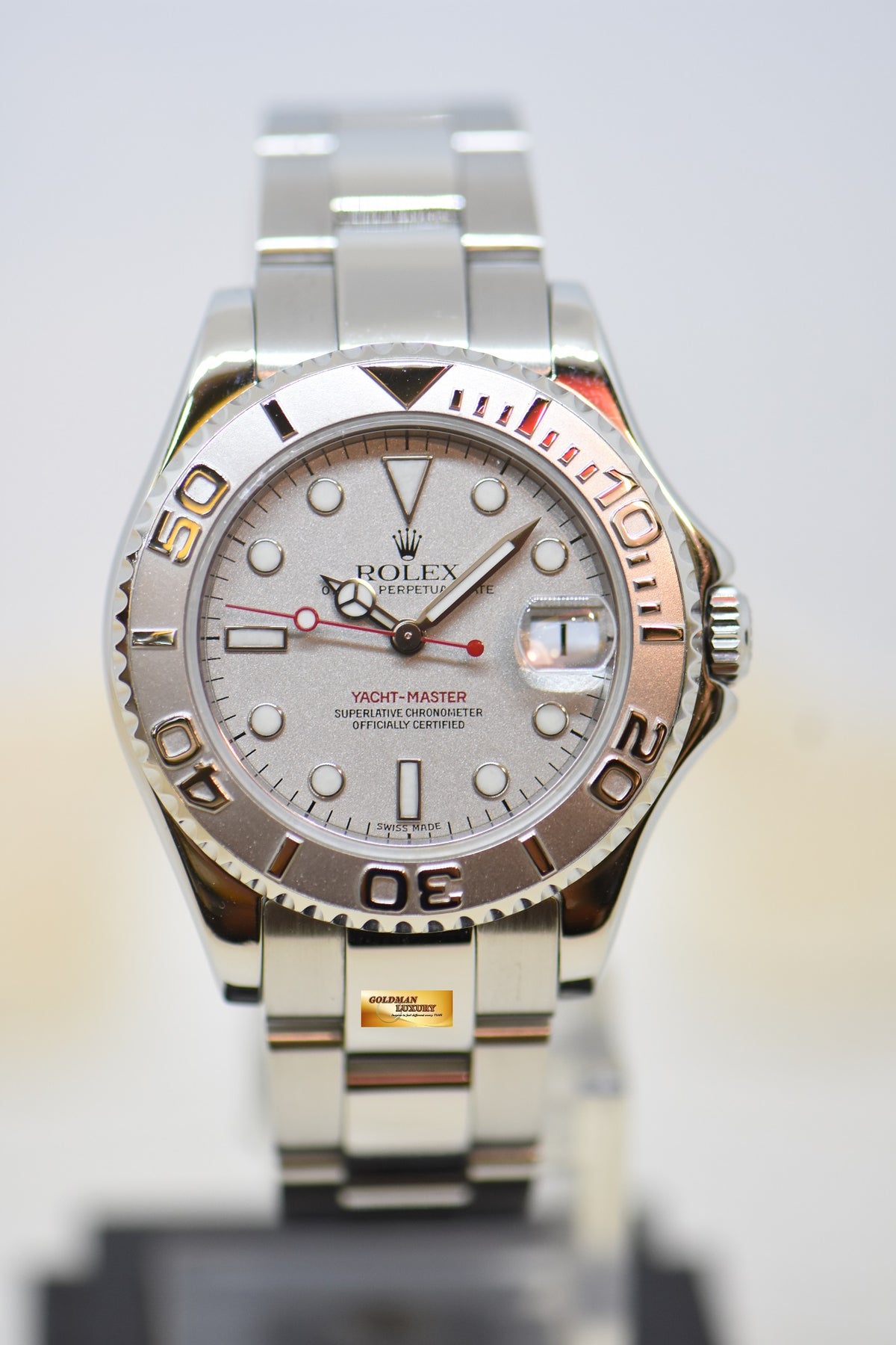 [SOLD] ROLEX OYSTER PERPETUAL YACHT-MASTER 35mm LADIES MIDSIZE STEEL IN BRACELET PLATINUM DIAL / BEZEL 168622 (MINT)